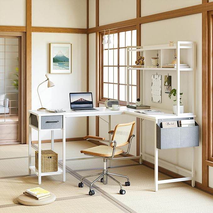 CubiCubi L Shaped Desk with Hutch, 59.1" Corner Computer Desk, Home Office Study Writing Desk Computer Workstation with Two Tier Bookshelf, Deep white