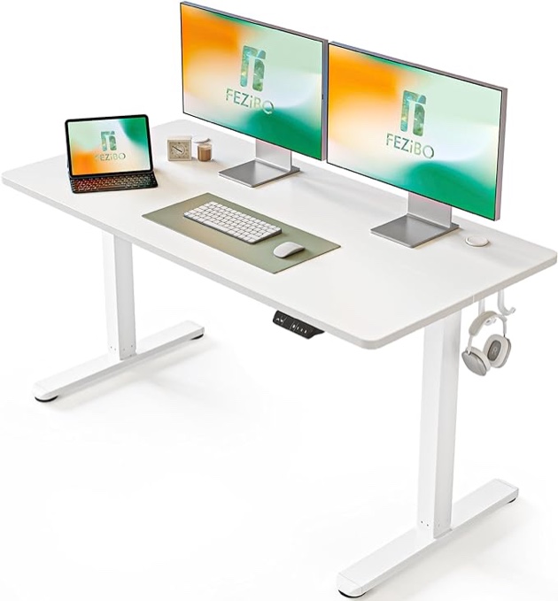 FEZIBO Height Adjustable Electric Standing Desk, 55 x 24 Inches Stand Up Table, Sit Stand Home Office Desk with Splice Board, White Frame/White Top