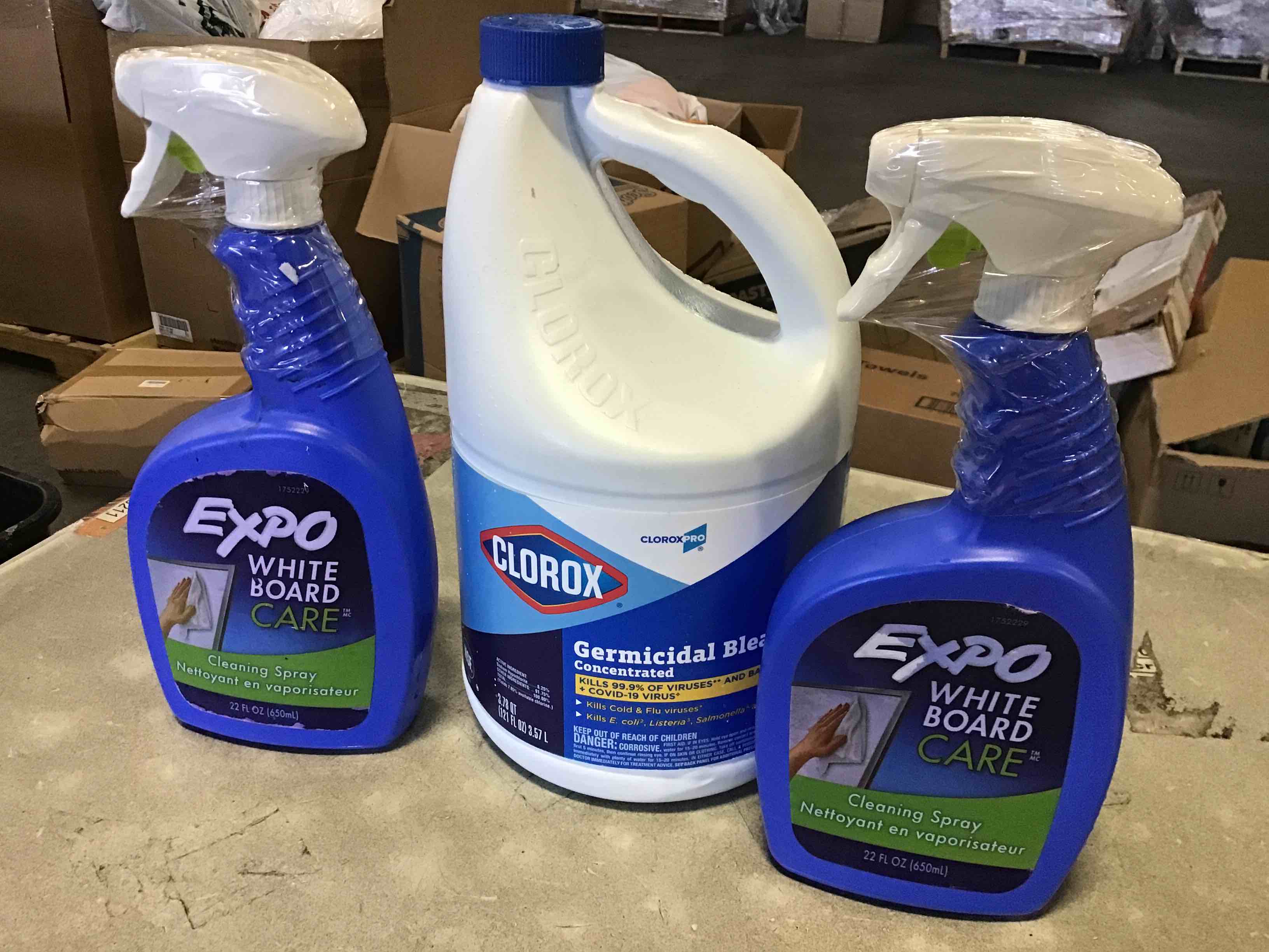 Assorted cleaning supplies: chlorox bleach and expo cleaning spray 