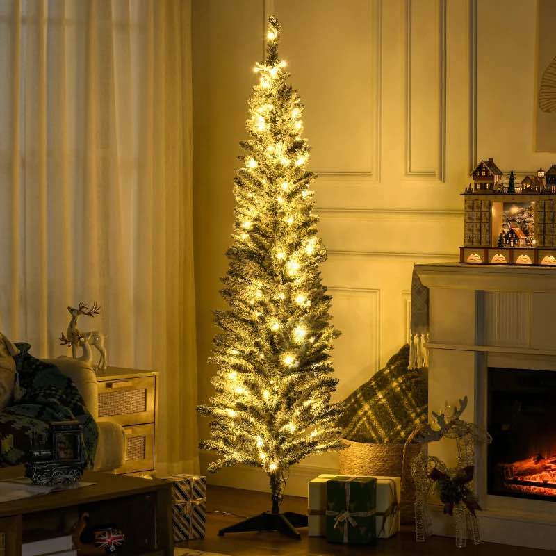 HOMCOM 6ft Pencil Christmas Tree, Slim Artificial Christmas Tree with Realistic Branches and Warm White LED Lights, Green