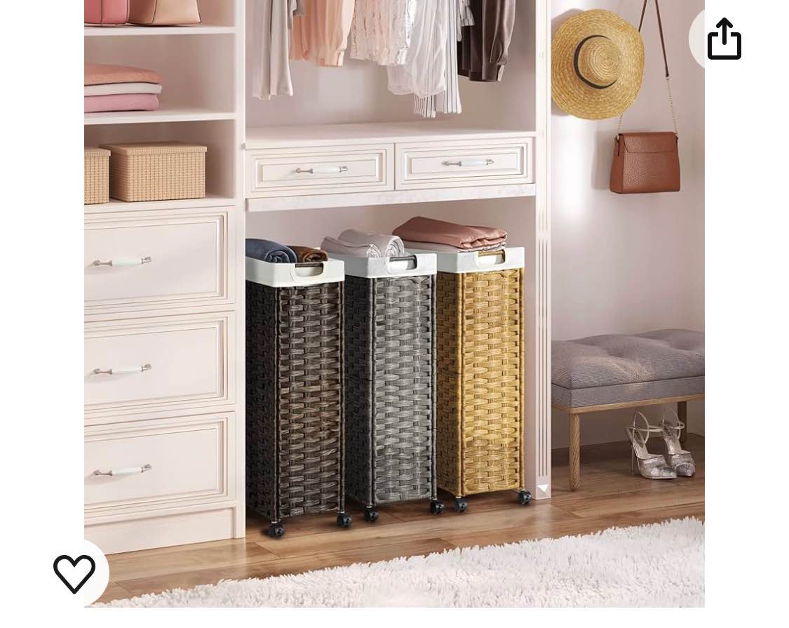 Greenstell Laundry Hamper with Wheels, 22” Slim Laundry Basket with 2 Removable Liner Bags & 2 Mesh Bags, Narrow Dirty Clothes Basket, Handwoven Synthetic Rattan Organizer in Bathroom, Bedroom, Natural