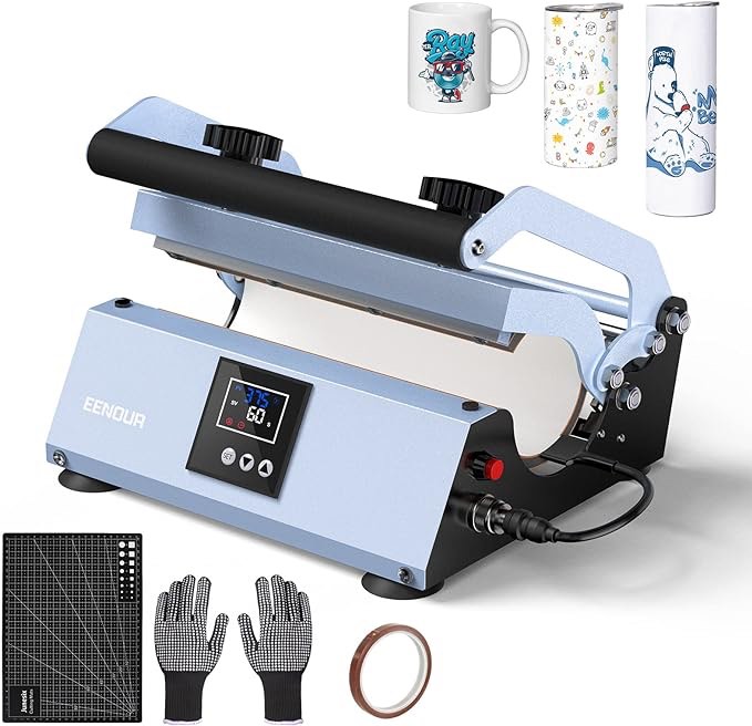 EENOUR Tumbler Mug Heat Press Machine 30oz 20oz 16oz Sublimation Straight Blank Skinny Tumbler Glass Jar Can - DIY Heat Transfer Vinyl with Temp&Timer Setting for 11-16oz Coffee Mugs (Blue)