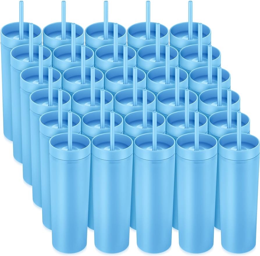 meekoo 30 Pack Skinny Tumbler with Lids and Straws 16 oz Matte Colored Acrylic Tumblers Double Wall Plastic Tumbler Cups Skinny Travel Tumbler Reusable Cup Light Blue