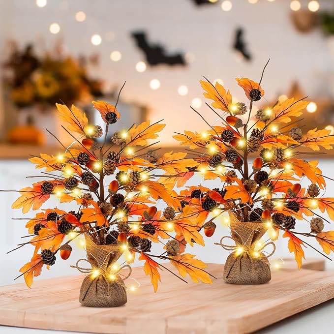 Retisee 4 Pcs Fall Artificial LED Lighted Maple Tree Artificial Fall Tree Battery Operated Pine Cones Acorn Fall Decor Autumn Lighted Fall Decorations for Halloween Thanksgiving Wedding Centerpieces