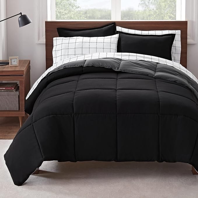 Serta Simply Clean Complete 7 Piece Hypoallergenic Reversible Bed in a Bag with Sheets and Pillow Cases for All Season, Full, Black/Grey
