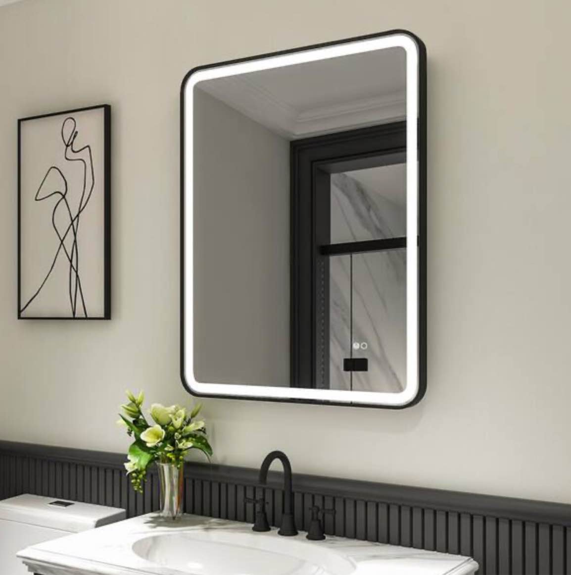 BONIE 28 in. W x 36 in. H Rectangular Frameless Anti-Fog LED Wall Bathroom Vanity Mirror in Matte Black lighted frame mirror nbonie-W9FM2836MB
