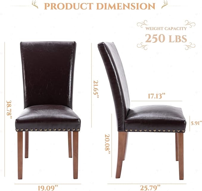 PU Leather Dining Chairs Set of 2 Upholstered Parsons Dining Room Kitchen Side Chair with Nailhead Trim and Wood Legs - Dark Brown