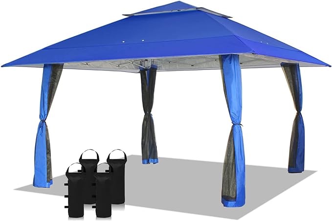 CROWN SHADES 13X13 Outdoor Pop Up Gazebo Base 10X10 Patio Gazebos Patented Center Lock Quick Setup Newly Designed Cover Bag Instant Canopy Tent with Mosquito Nettings (13x13, Blue)