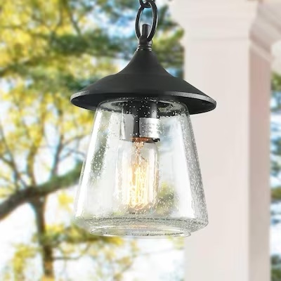 LNC Maison 1-Light Matte Black and Seeded Glass Indoor/Outdoor LED Flush Mount Light