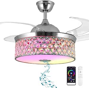 NUTCRUST Bluetooth Ceiling Fan with Light and Speaker, Retractable Ceiling Fan Chandelier with Remote Control, 6 Speeds Reversible Blade Smart Ceiling Fan, Silver, Special Special Silver
