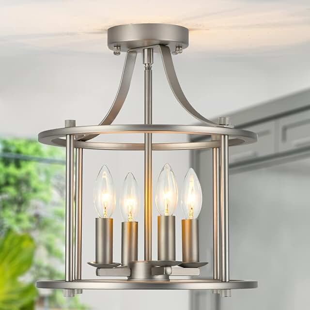 Capslpad 4-Light Farmhouse Semi Flush Mount Ceiling Light Fixture,Brushed Nickel Industrial Ceiling Light E12 Base Metal Rustic Chandelier Lighting for Dining Room Kitchen Bedroom Hallway Entryway