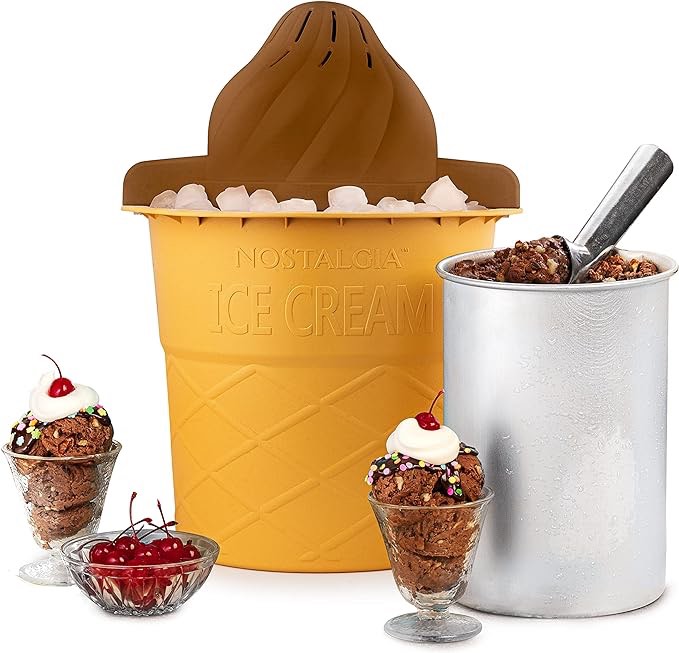 Nostalgia Electric Swirl Cone Ice Cream Maker, 4 Quarts, Soft Serve Machine for Ice Cream, Frozen Yogurt or Gelato, Brown