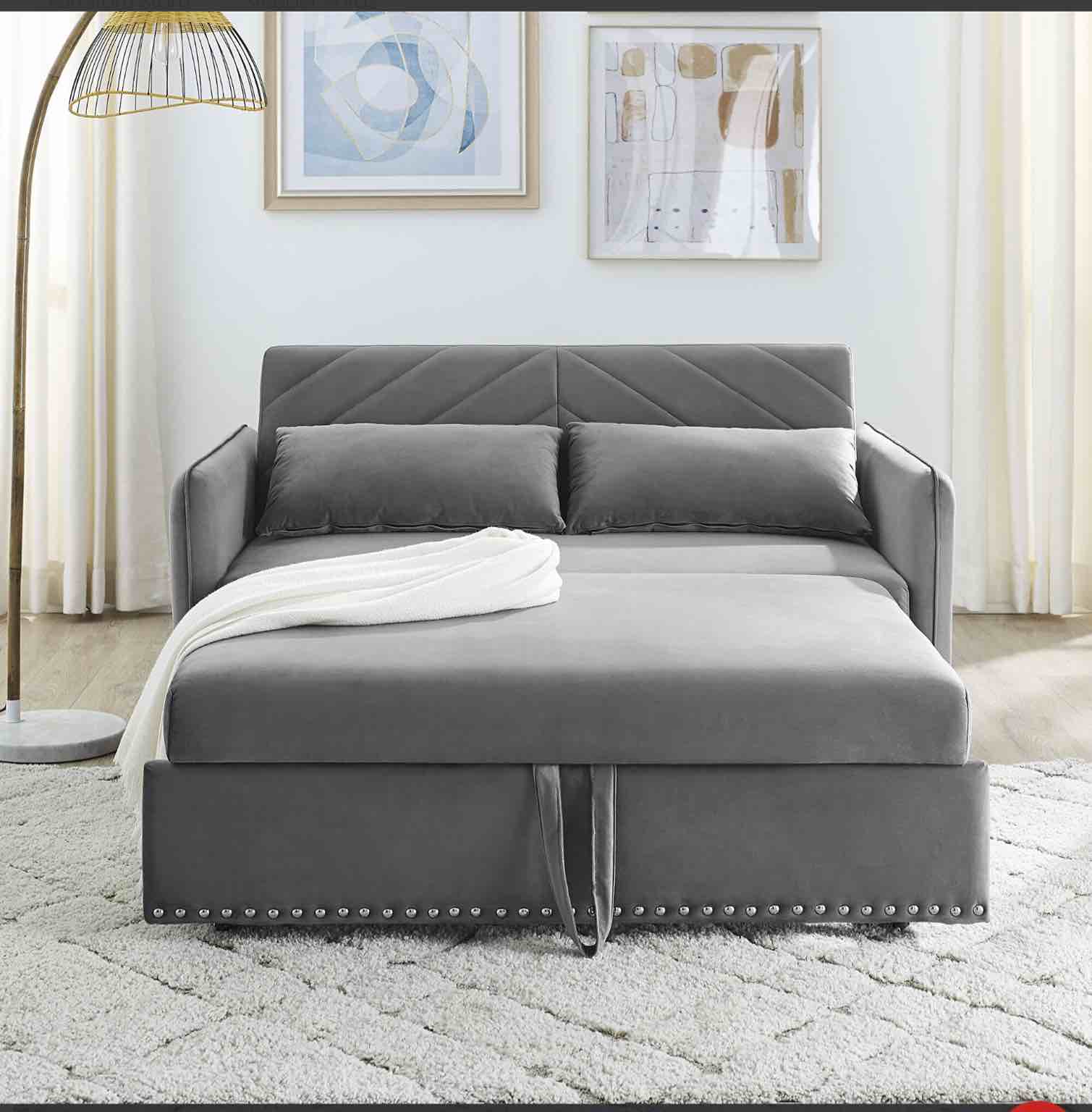 W034 gray soft velvet convertible sleeper sofa bed