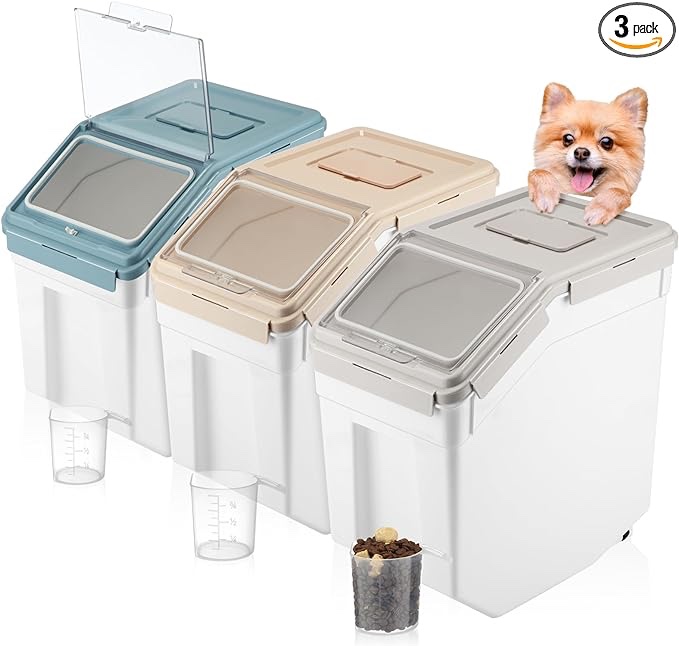 Talltalk 3 Pcs Pet Food Storage Bin Airtight Cat Dog Food Container with Lids Measuring Cup Wheel 15 Lb Cat Dog Food Sealed Bucket 33 Lb Larger Plastic Grain Rice Storage Bin for Food Storage Supplies
