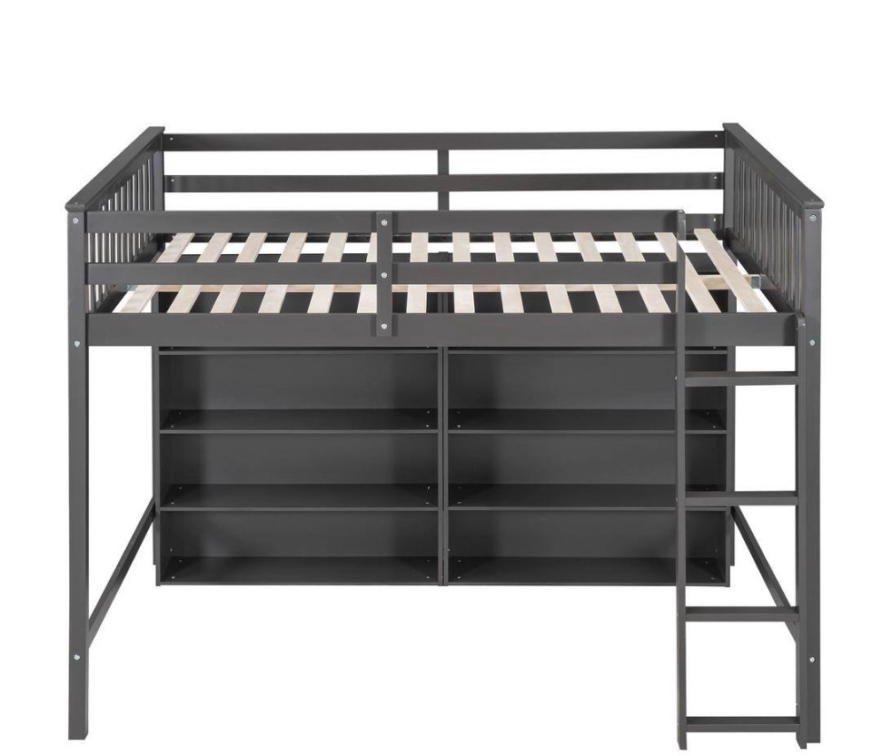 Gray Wood Frame Full Size Loft Bed with 8-Open Storage Shelves and Built-in Ladder