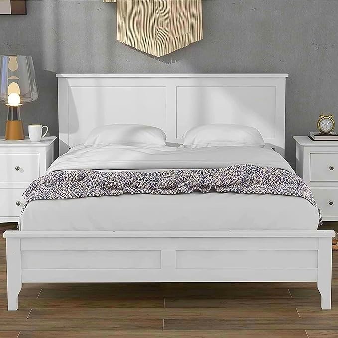 Harper & Bright Designs White Full Size Platform Bed with Headboard, Modern Wooden Full Bed Frame with Slat Support, Full Size Beds Frame for Kids Teens Adults, Bedroom, No Box Spring Need, White