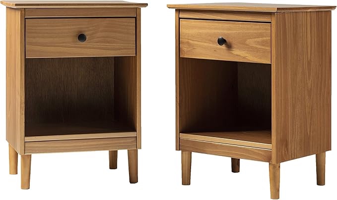 Walker Edison Mia Mid Century Modern 1 Drawer Solid Wood Nightstand, 25 Inch, Natural Pine