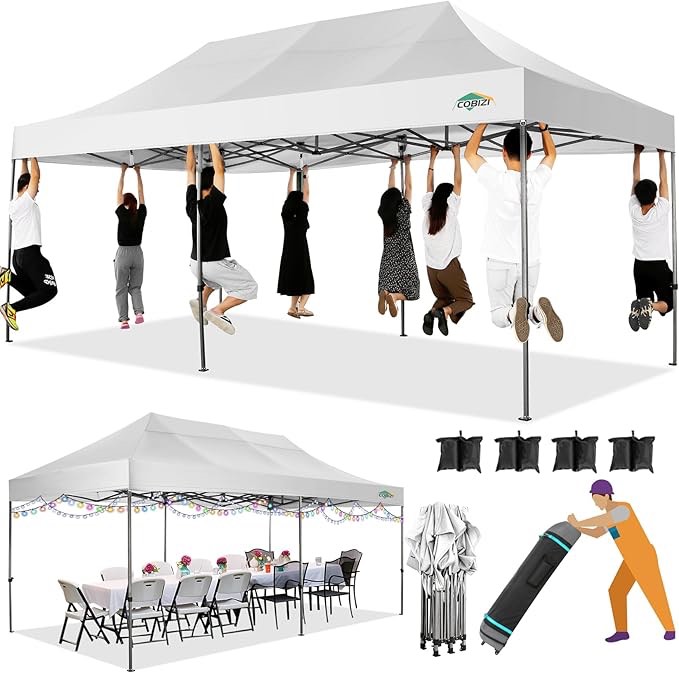 COBIZI 10x20 Heavy Duty Pop up Canopy Tent with 6 sidewalls Easy Up Commercial Outdoor Canopy Wedding Party Tents for Parties All Season Wind & Waterproof Gazebo with Roller Bag,Black(Frame Thickened)