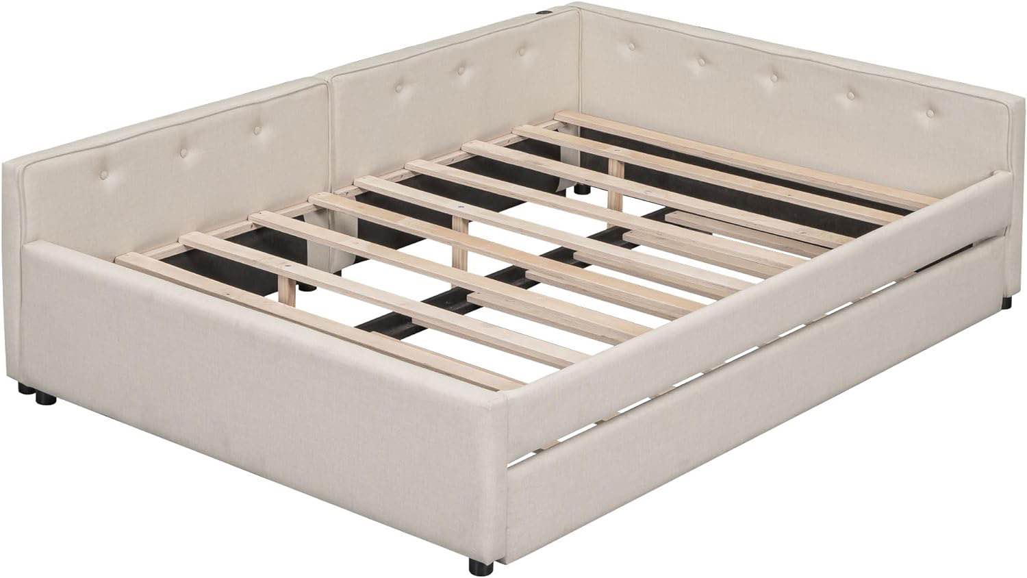 HomSof Full Size Upholstered Platform Bed with USB and Twin Size Trundle, Beige