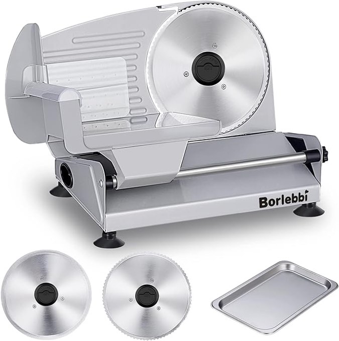 Meat Slicer 200 Watt for Home Use, Electric Food Slicer with ?Ç£Two?Ç¥ Upgrade 7.5" Sharp Stainless Steel Blade(Serrated + Smooth) & 0-15mm Precise Thickness Cut Deli Food, Meat, Bread, Fruit, Vegetable