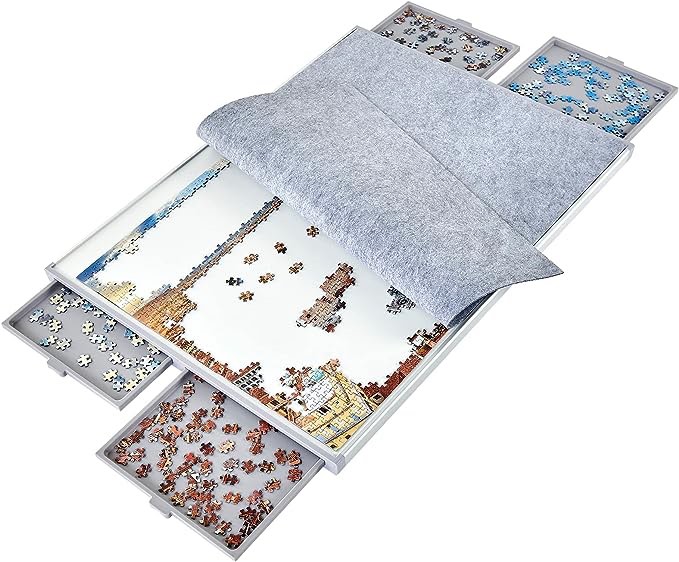 1500 Piece Non-Wood Jigsaw Puzzle Board with Drawers and Felt Fabric Cover Mat, Portable Puzzle Table for Adults, Puzzle Tray, Large Size: 35×26 Inch Work Surface, Lightweight Design, Gray
