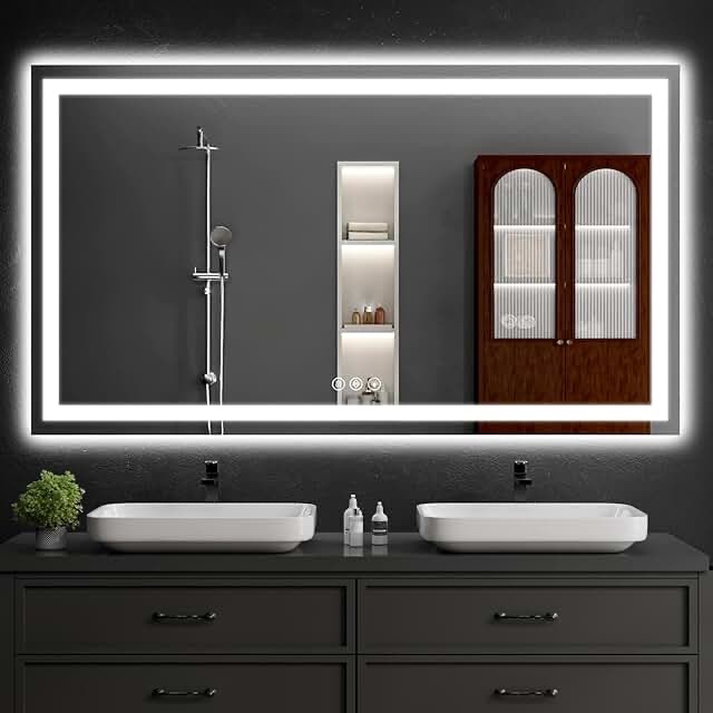 72x36 led bathroom mirror, with backlit & front lit, anti-fog lighted wall mirrors for bathroom, dimmable led lighted vanity mirror with 3 colors, memory, shatter-proof, tempered glass 72"l x 36"w