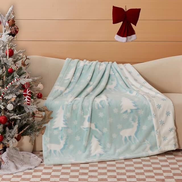 COOVA Christmas Faux Rabbit Fur & Flannel Throw Blanket 50x60 Inch - Festive Luxury Soft & Cozy, Perfect for Holiday Decor, Bed, Sofa, Couch, Elk Pattern,Light Blue