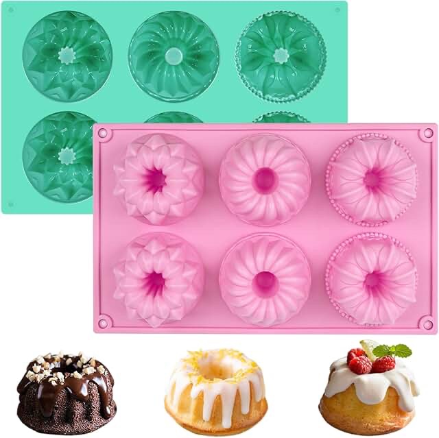XUOHEAD 2 Pcs Mini Bundt Cake Pans for Baking, 6-Cavity, Nonstick Silicone Small Bundt Pan Molds for