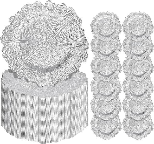 50 pack silver charger plates bulk, 13" plastic reef chargers for dinner plates, round charger plate with floral reef design for dinner wedding party table setting decoration (silver)