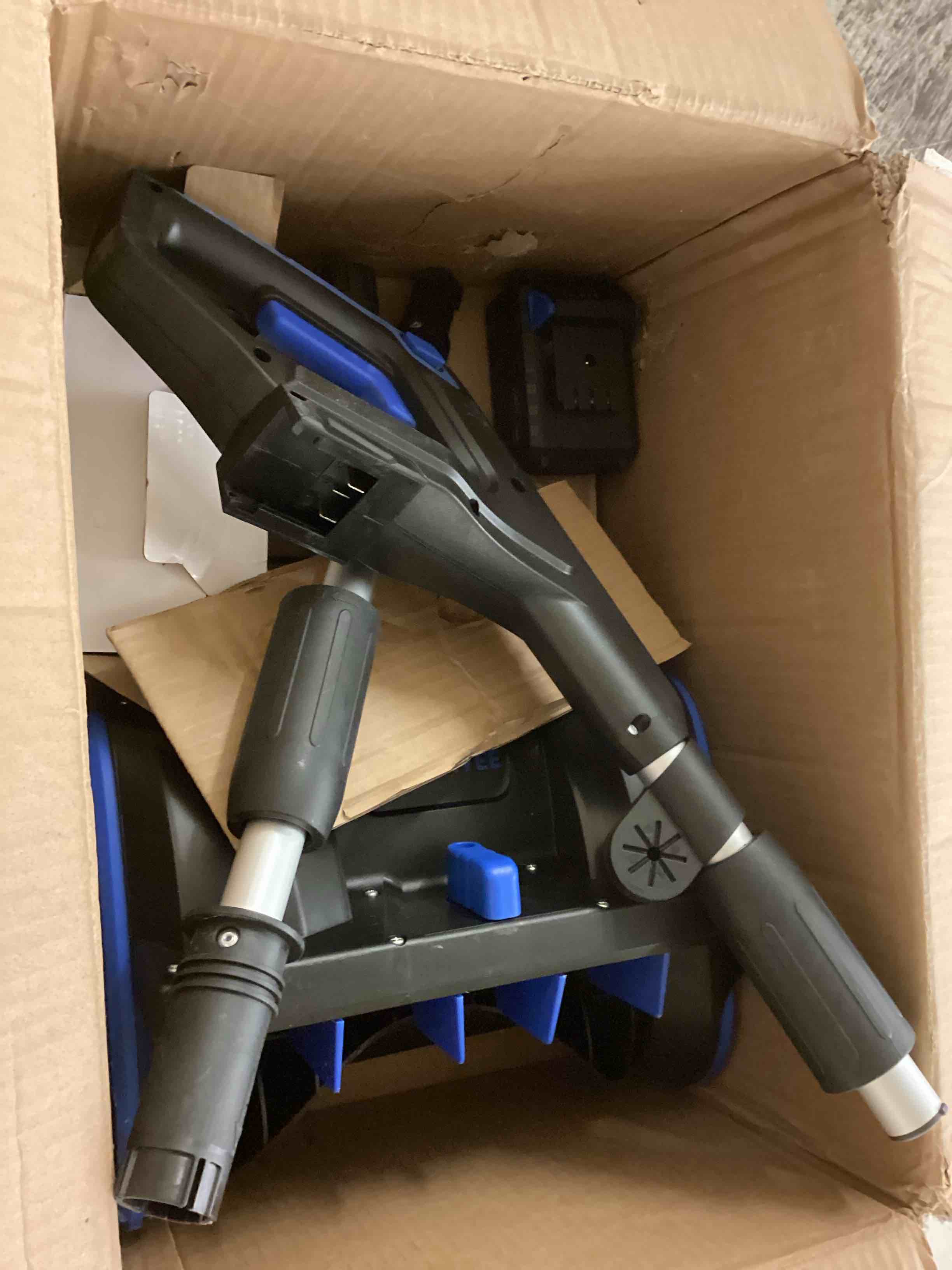 Condition photo showing As Is for cordless snow shovel,electric self-propelled battery snow blower with 20v 4 ah batteries,clears 12" wide,8" deep snow,300lb/min snow removal, 17ft throw distance for driveway/steps/patio/sidewalk,blue