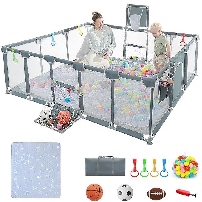 baby playpen, 79"x71"baby playpen with mat indoor?outdoor playpen for babies and toddlers with breathable play pen with ocean balls hanging pocket basketball hoop and football goal