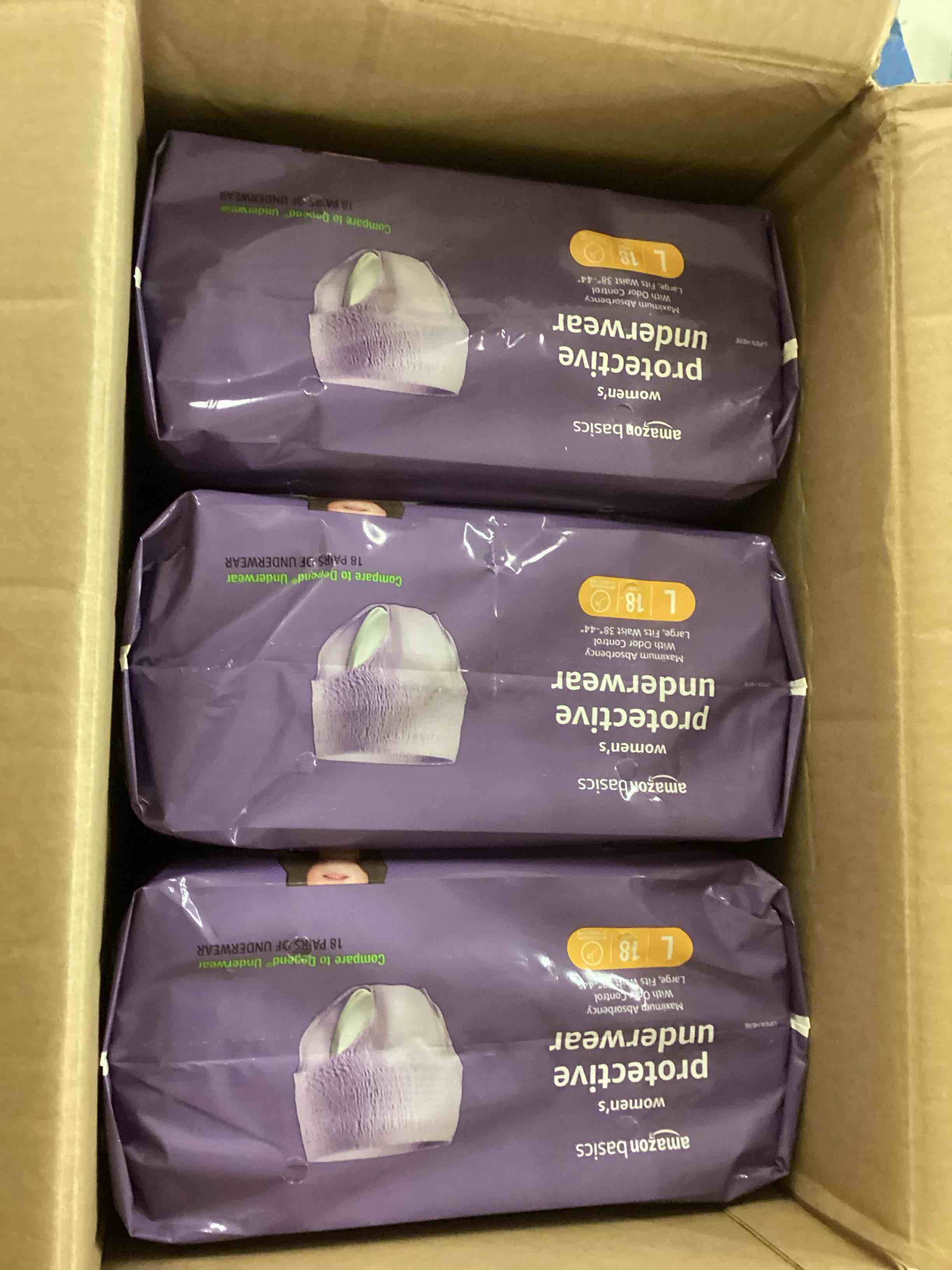 Condition photo showing New/Like New for amazon basics postpartum incontinence underwear for women, maximum absorbency, disposable, bladder leak protection, odor control, comfortable fit, xx-large, lavender, 42 count (3 packs of 14)