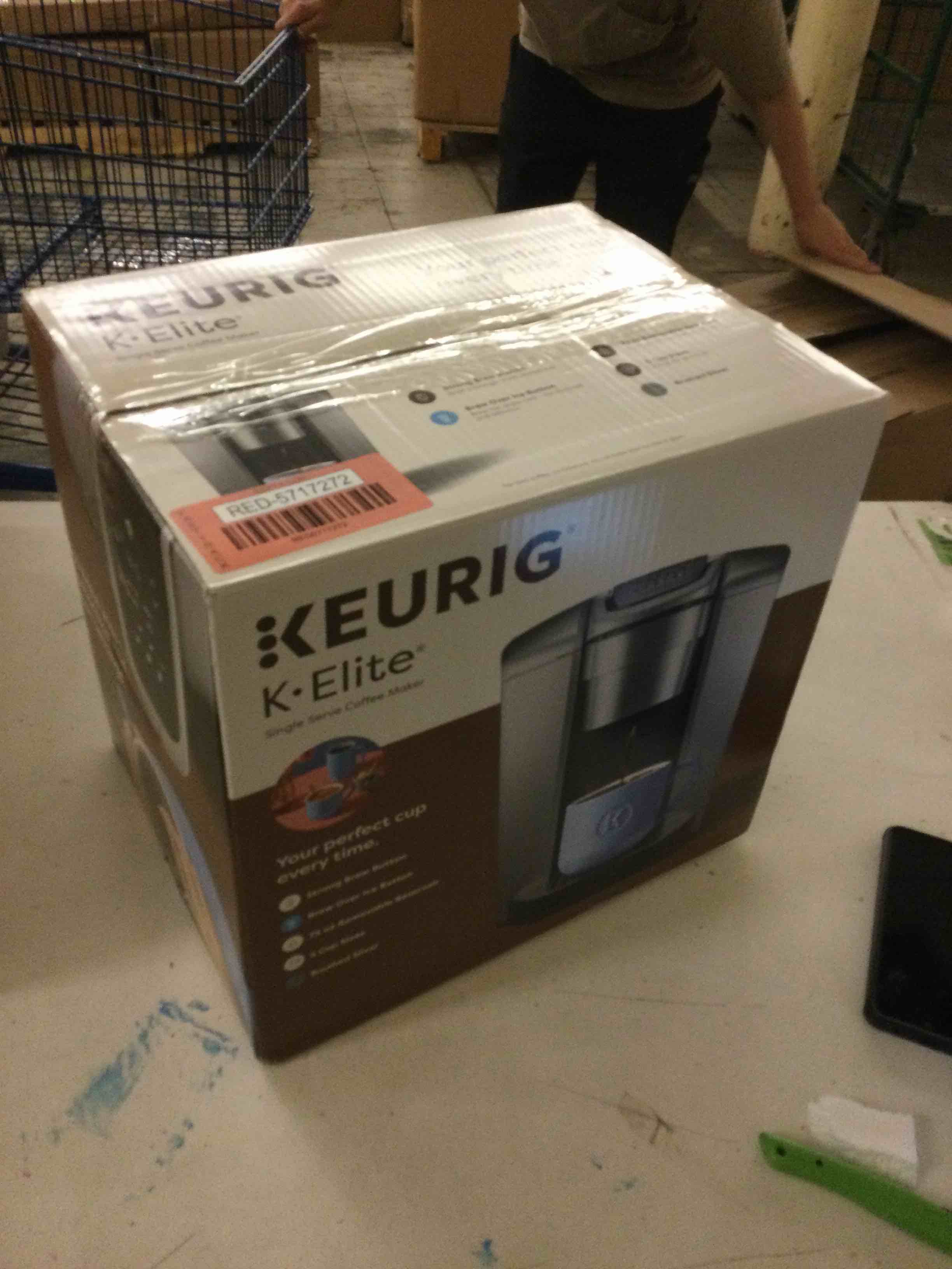 Condition photo showing As Is for keurig k-elite single serve k-cup pod coffee maker, with strength and temperature control, iced coffee capability, 8 to 12oz brew size, programmable, brushed silver