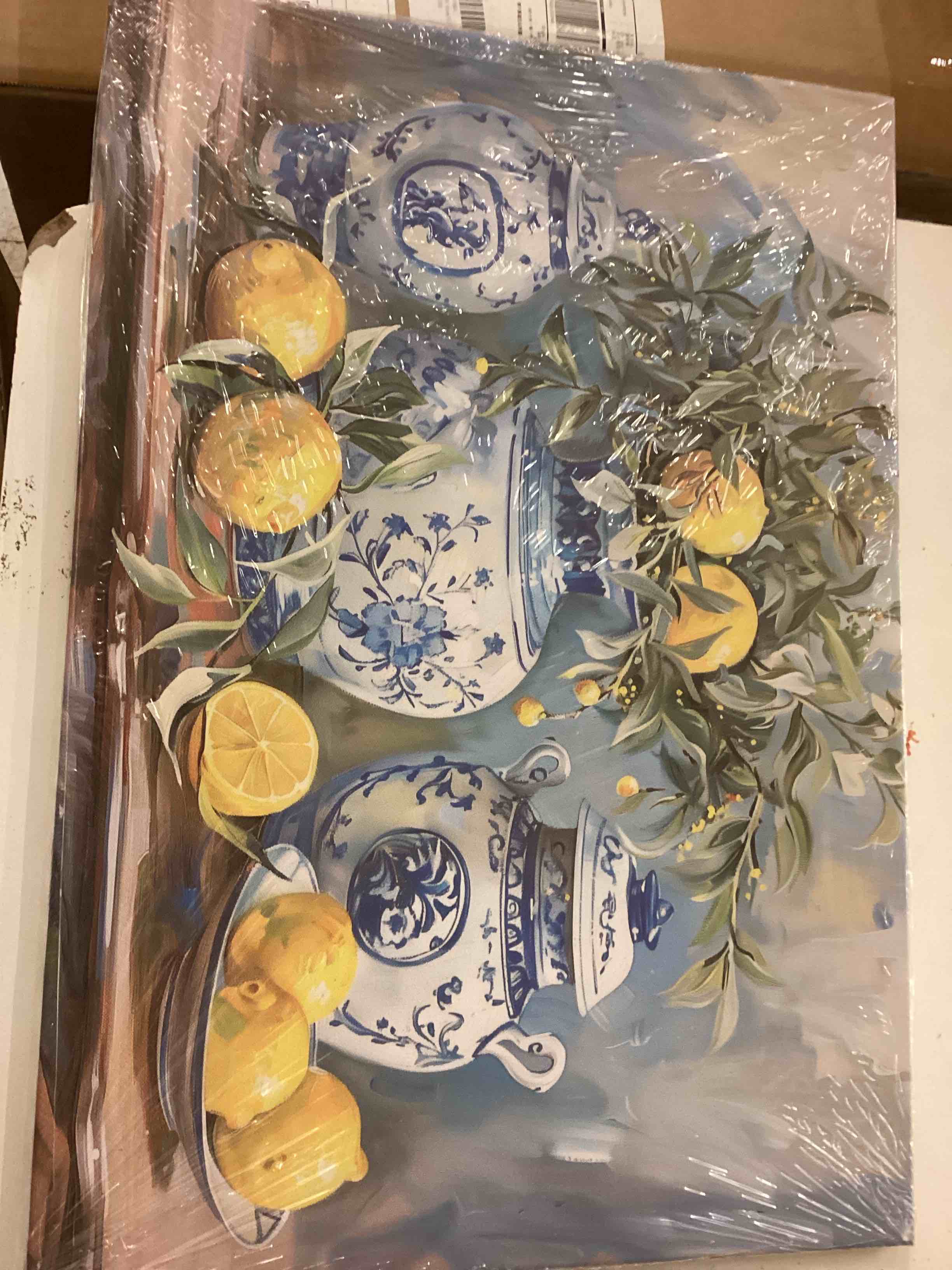 Condition photo showing New/Like New for swqylb lemon wall art kitchen picture vintage citrus fruit canvas prints yellow lemon with pottery blue classical painting rustic farmhouse decor framed (blue, 16.00" x 24.00") blue 16"l x 24"w