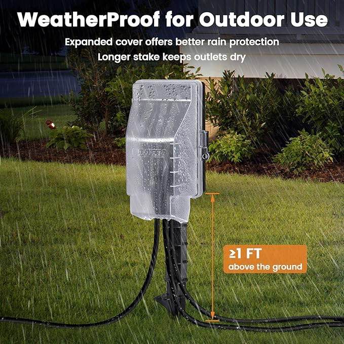 suraielec outdoor power stake, dusk to dawn light timer, extension cord multiple outlet; 6 electrical outlet power strip weatherproof, for patio lights, garden, christmas decorations, etl listed