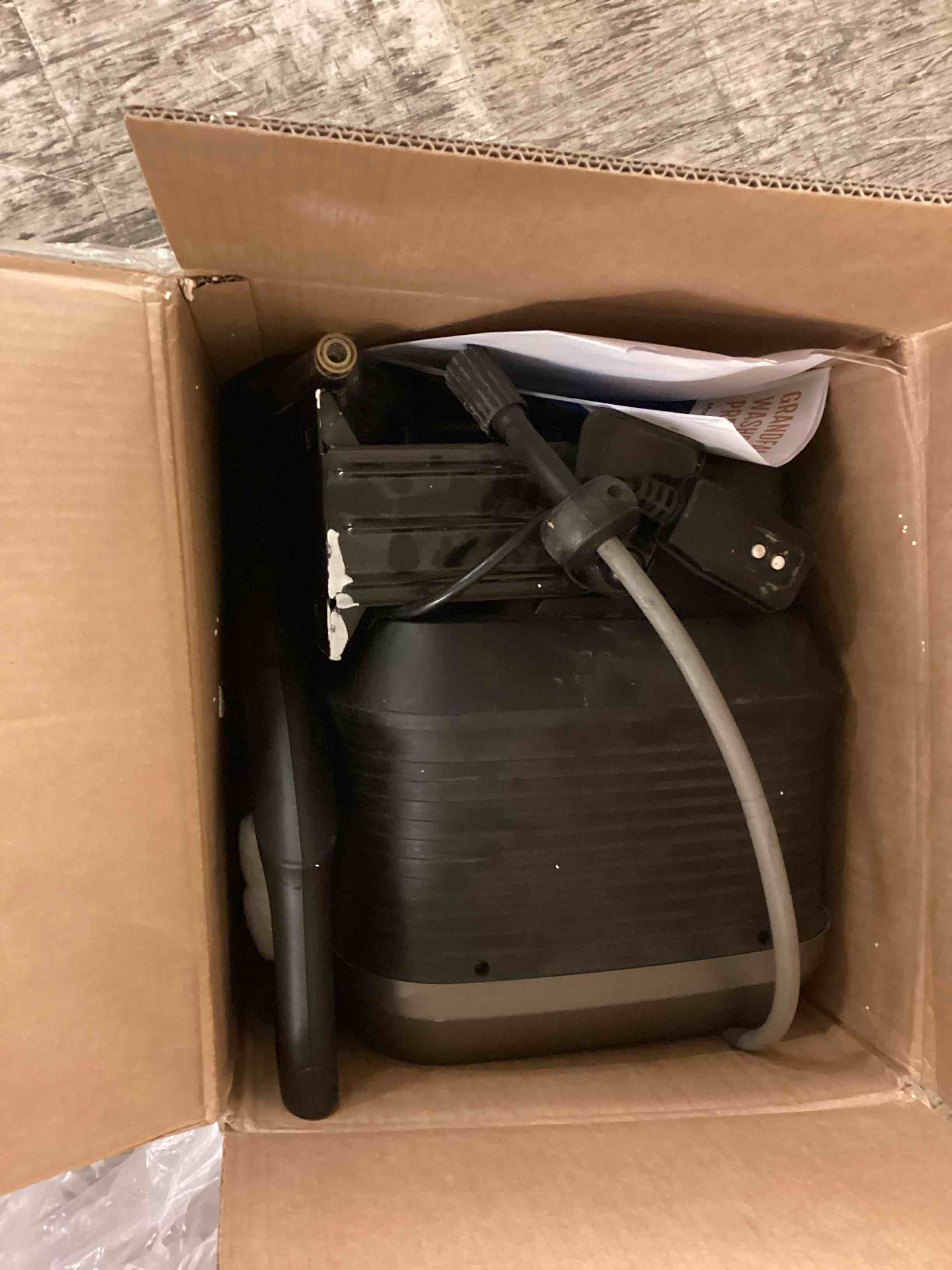 Condition photo showing As Is for giraffe tools grandfalls pressure washer g20 pro, 2500 psi 2.2 gpm, 180° wall mounted power washer, auto-retract with 65ft hose reel, 5 nozzles for floor/cars/fences/patios, dark silver