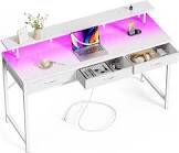 Huuger 55 inch Computer Desk with 3 Drawers, Office Desk Gaming Desk with LED Lights & Power Outlets, Home Office Desks with Storage Space for Bedroom, Work from Home, White