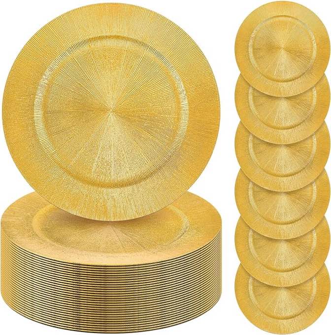 Tanlade 100 Pcs Charger Plates Bulk, 13 Inch Round Charger Plates Plastic Wedding Dinner Elegant Reusable Chargers Plates for Table Setting Wedding Party Event Tabletop Setting Decor (Glitter Gold) 100 Glitter Gold