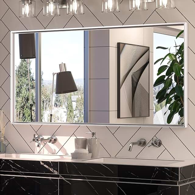 Keonjinn Silver Bathroom Vanity Mirror48” x 24” Brushed Nickel Wall Mirror for Bathroom, Rectangular Metal Framed Mirror Square Corner Farmhouse Mirror Modern Full Length Mirror(Horizontal/Vertical)