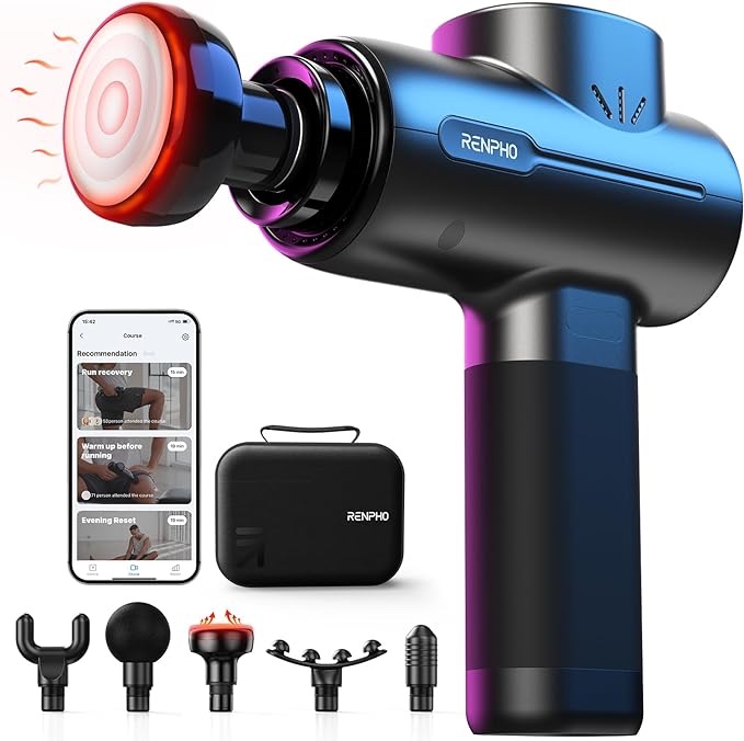 RENPHO Massage Gun with Heat, Percussion Muscle Mini Massage Gun for Athletes, Handheld Deep Tissue Massager with 3200rpm, 5 Massage Head, 5 Speed, Carry Case,Body Muscle Massager Gun, Gifts