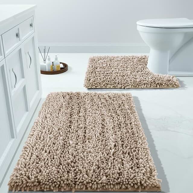 Yimobra Bathroom Rugs Sets 2 Piece, Luxury Shaggy Extra Thick Bathroom Rugs, Plush Non-Slip Mats for Bath Room Floor, U-Shaped Toilet Mat, Ultra Absorbent, 24 x 17 + 24.4 x 20.4 Inches,Camel