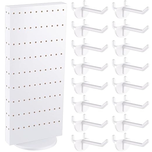 Rotating Display Stand Pegboard Display Rack 10.4'' W 23.6'' H Four Sided Peg Board Display Stands for Selling Vendor Craft Shows Pegboard Organizer Retail Counter Display with 54 Pcs Hooks (White)