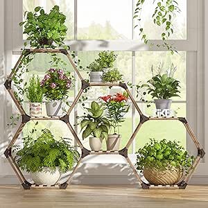 Tikea Plant Stand Indoor Outdoor Hexagonal Plant Stand for Multiple Plants Indoor Large Wooden Plant Shelf 7 Tiered Creative DIY Flowers Stand Rack for Living Room Balcony Patio Window