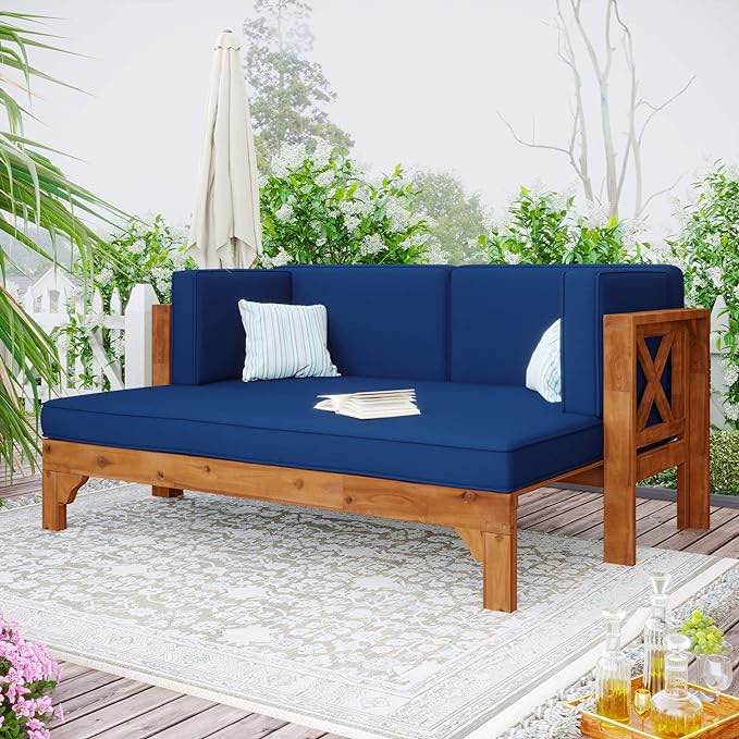 (incomplete) Patio Extendable Wooden Sofa Set Sectional Furniture Setblue Cushion Blue Classic Modern Contemporary Wood Finish Removable Cushions Water Resistant