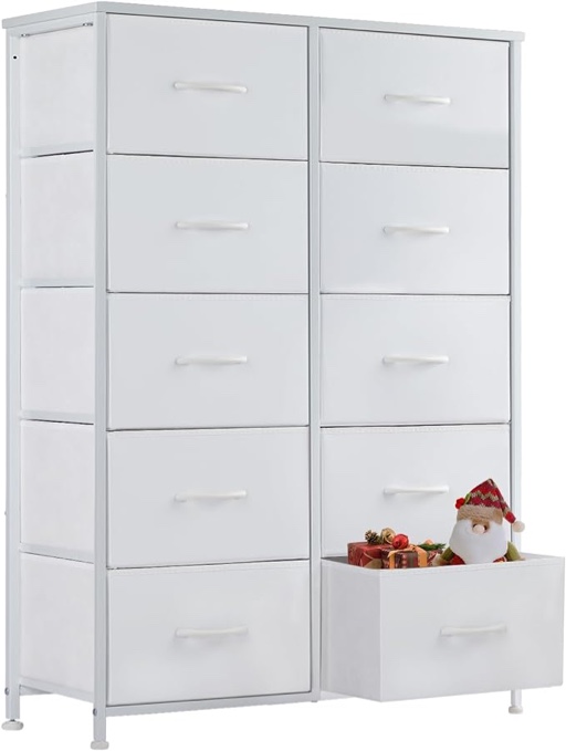 Dresser, Tall Dresser for Bedroom, Drawer Dresser Organizer Storage Drawers with 10 Drawers, Chest of Drawers with Fabric Bin, Steel Frame, Wood Top for Bedroom, Closet, Entryway