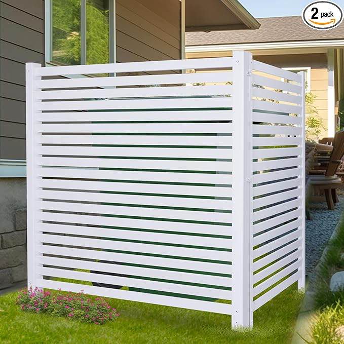 WEEDING 48 "H x 48 "W Privacy Fence Panels Screen Outside, Air Conditioner Fence Outdoor Garbage Trash Can Enclosure, 2 White Vinyl Panels Kit with Metal Stake, White, Horizontal
