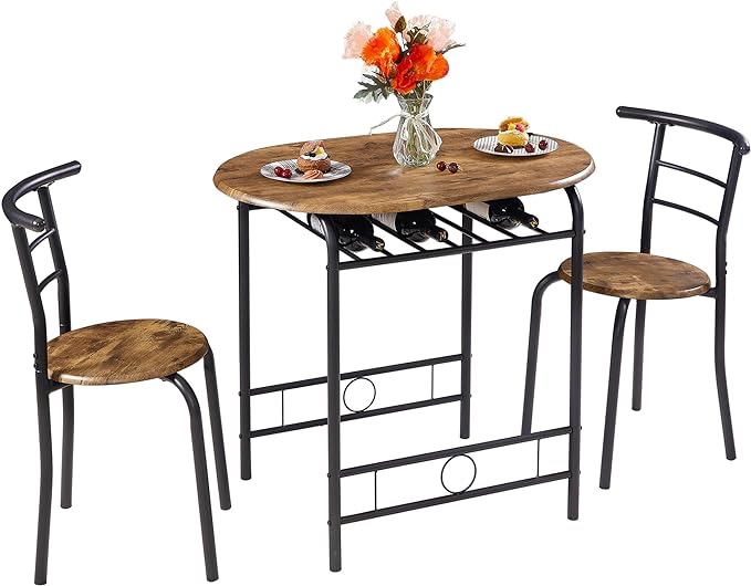 VECELO 3 Piece Small Round Dining Table Set for Kitchen Breakfast Nook, Wood Grain Tabletop with Wine Storage Rack, Save Space, 31.5", Antique & Black
