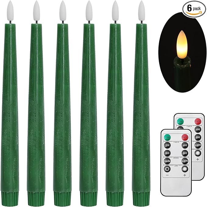 Stmarry Green Real Wax LED Flameless Taper Candles with Remote and Timer, 9.65 Inch Flameless Candlesticks, Dripless Battery Operated Candles with 3D Flickering Flame - Set of 6