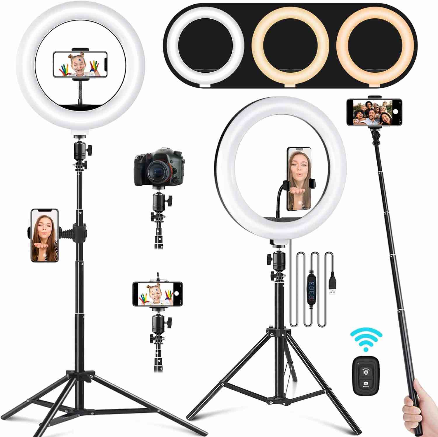 13" Selfie Ring Light with 63" Stand and Phone Holder, 53 Lighting Modes, Remote, iPad Holder, Desk Tripod, RGB Ringlight for iPhone. Vlogging Circle Led Halo Light Content Creator Kit for Video Photo