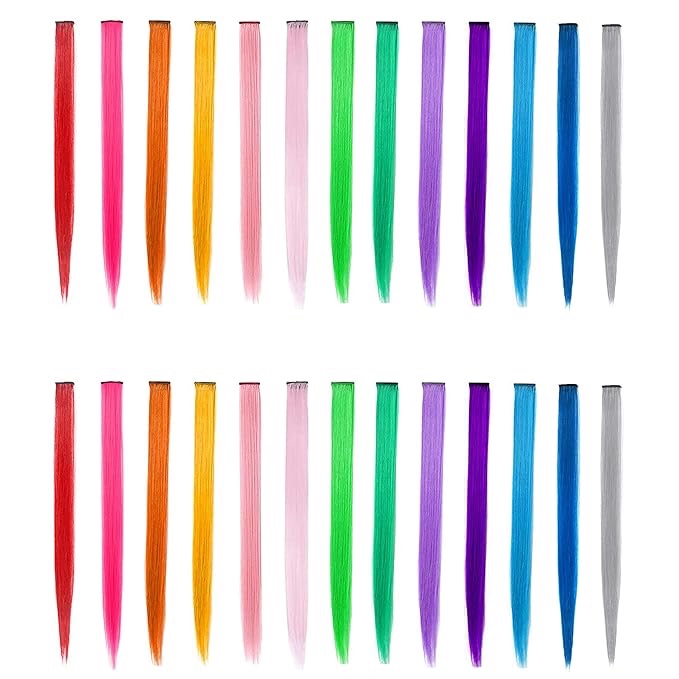 YaFex 12 Pcs Clip in Hair Extensions, 22 Inch Colored Hair Extensions Party Highlights Long Straight Synthetic Hairpieces for Women Kids Girls (Rainbow) A Rainbow